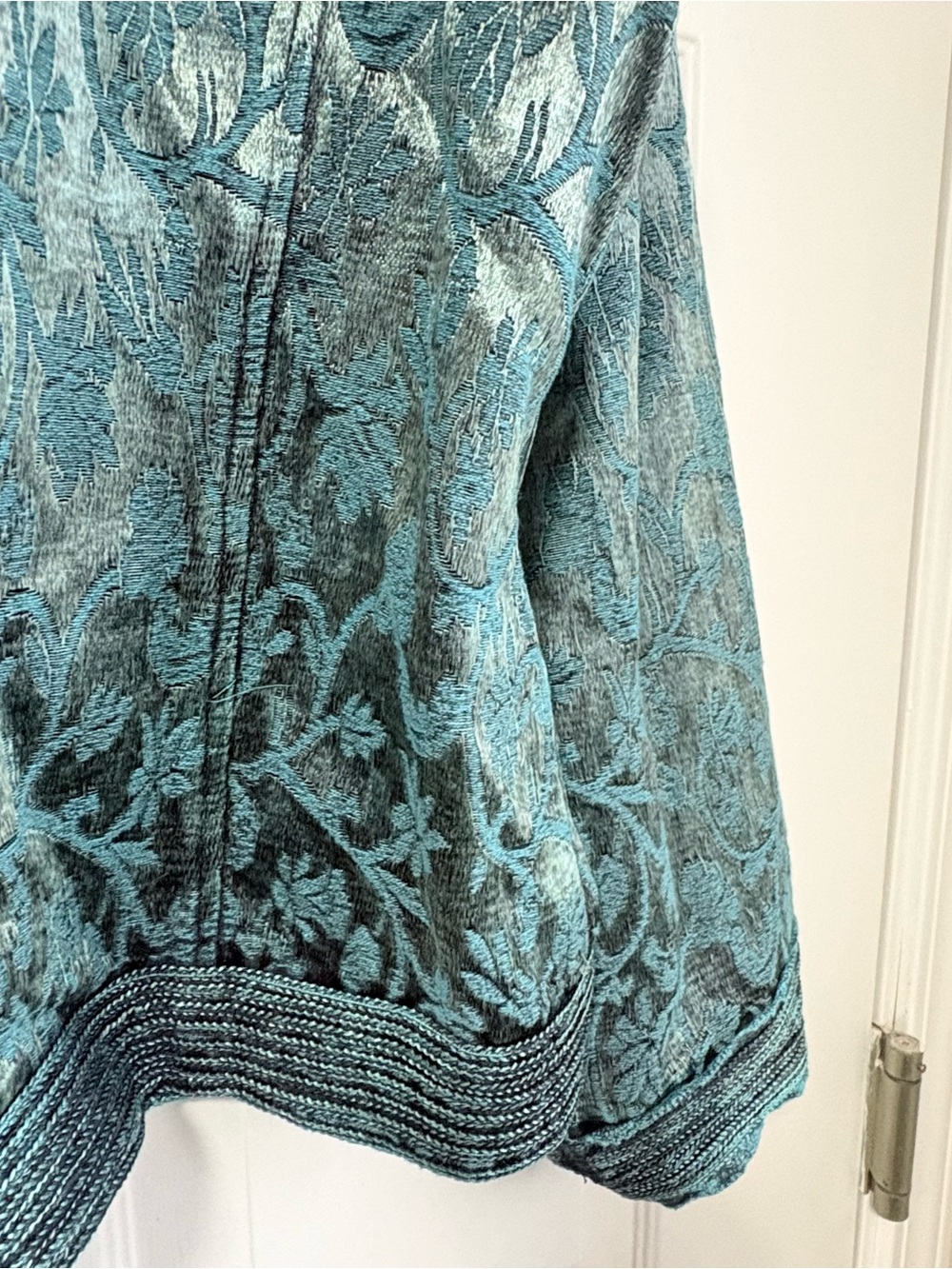 Vintage-Inspired Teal Brocade Jacket with Mandarin Collar Size XL - Picture 12 of 16
